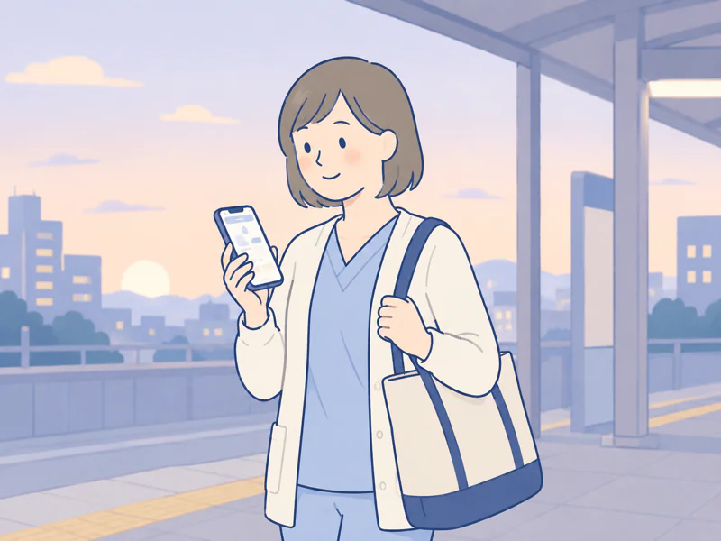 夜勤明けの女性が駅で立つイラスト